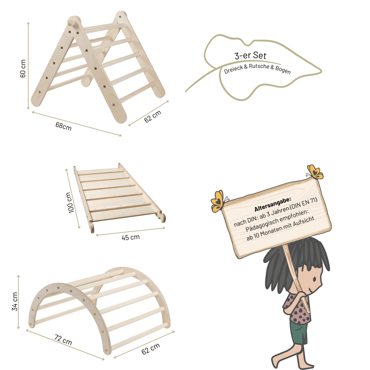 höhenverstellbares Kletterdreieck - Set ZICKENLING SET | 5 - fach verstellbar | 60cm| Dreieck + Rutsche + Bogen - Kletterling – einfach Kind sein