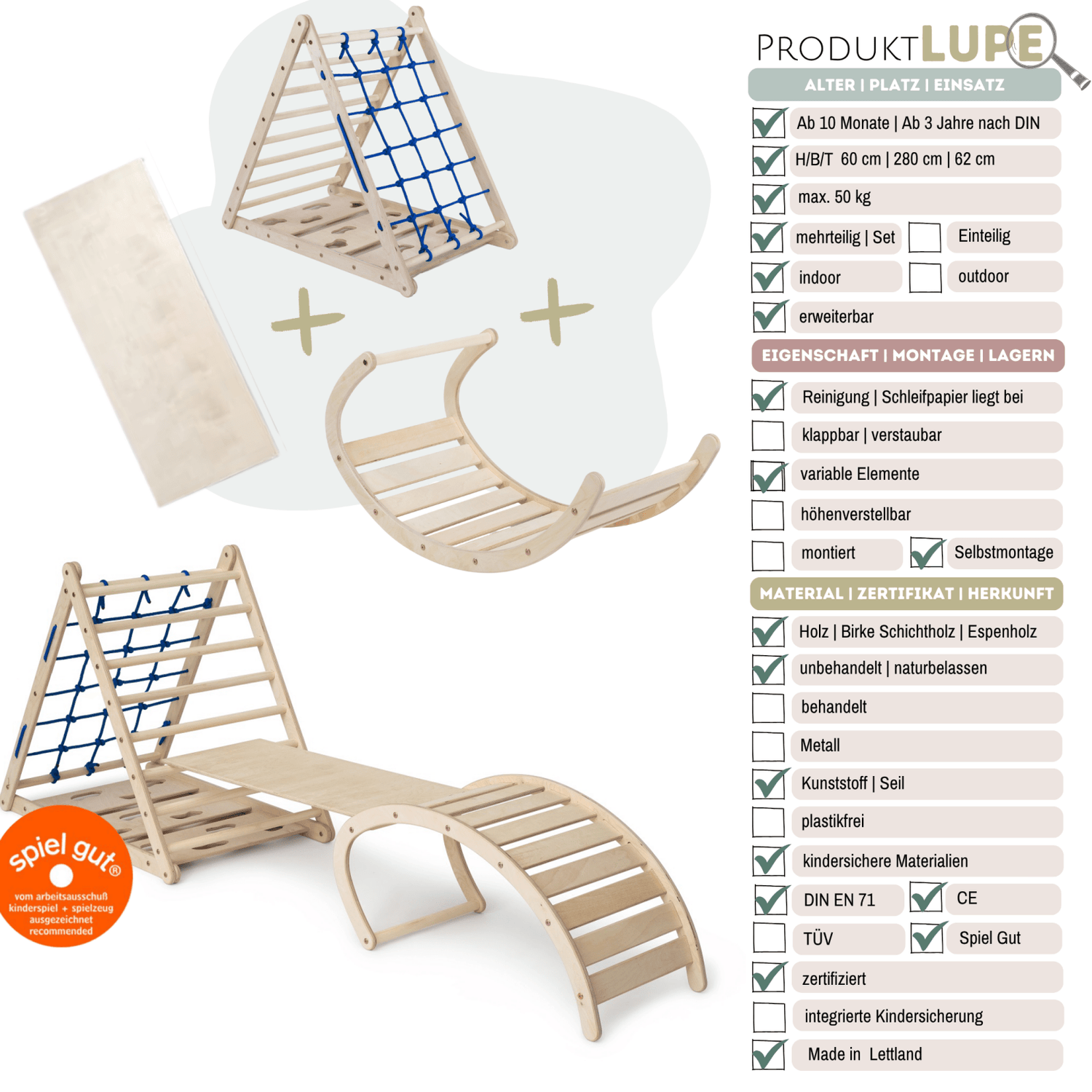 3er Set AFFENLING UP | dreiseitiges Kletterdreieck (Orang - Utan 87cm) mit Rutsche & Hörnchen Wippe - Kletterling – einfach Kind sein