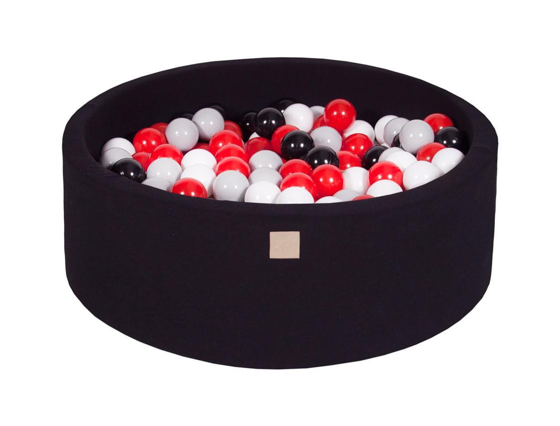 MeowBaby - Bällebad mit 200 Bällen in 90x30cm Baumwolle, Schwarz: Grau/Weiß/Schwarz/Rot - Kletterling – einfach Kind sein