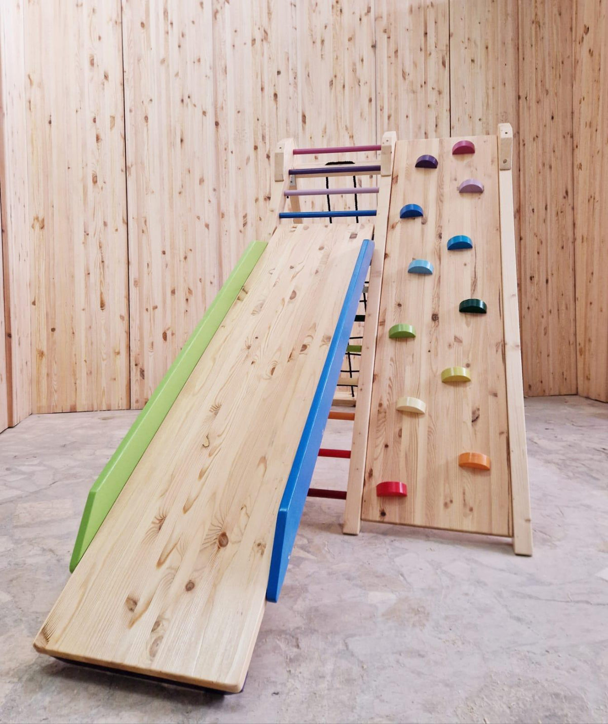 Klettergerüst - Doppelklettergerüst mit Rutschbahn und Tafel - Kletterling – einfach Kind sein