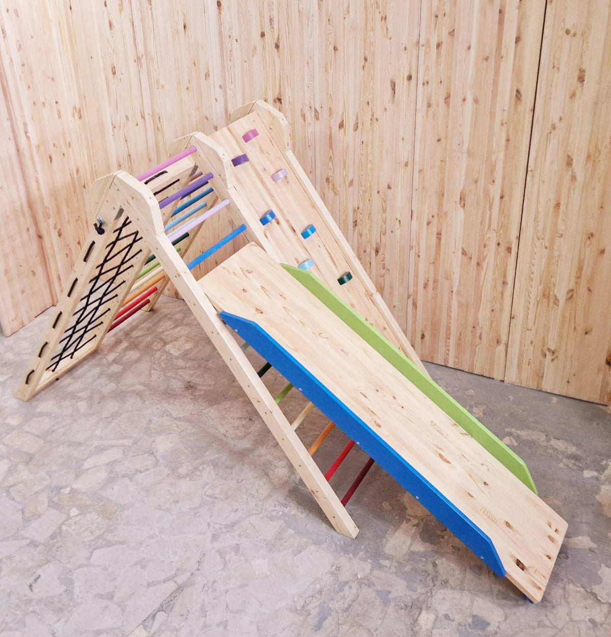 Klettergerüst - Doppelklettergerüst mit Rutschbahn und Tafel - Kletterling – einfach Kind sein