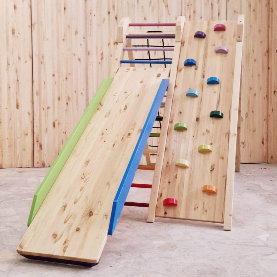 Klettergerüst - Doppelklettergerüst mit Rutschbahn und Tafel - Kletterling – einfach Kind sein