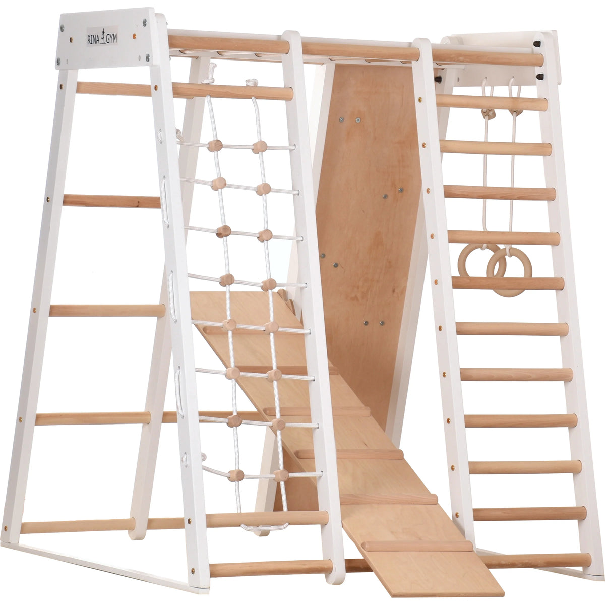 Klettergerüst PRO WHITE GYM | Sprossenwand, Ringe, Rutsche, Monkey Bar | ab 3 Jahren - Kletterling – einfach Kind sein