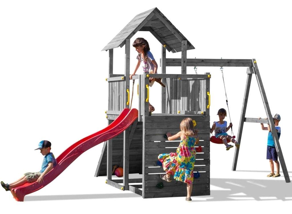 Spielturm Carol 3 in Grau für bis zu 10 Kinder mit Rutsche, Holzdach, Griffe, Rampe, Schaukel und Kletterwand - Kletterling – einfach Kind sein