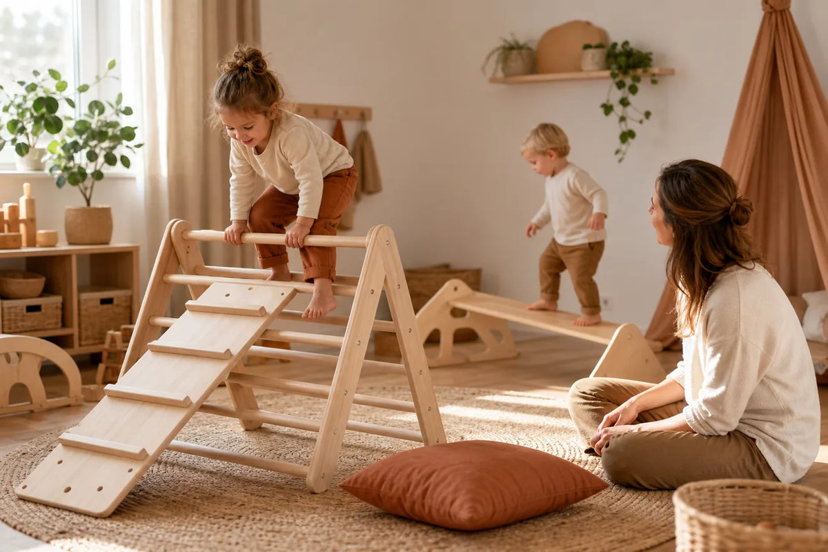 Kind spielt an einem Kletterdreieck in einem hellen Kinderzimmer, während ein Erwachsener in der Nähe sitzt