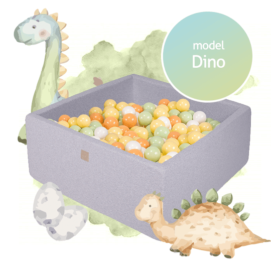 MeowBaby Viereck Bällebad mit Bällen 7 cm für Kinder/300 Bälle, Baumwollen, Hellgrau, Modell Dino - Kletterling – einfach Kind sein