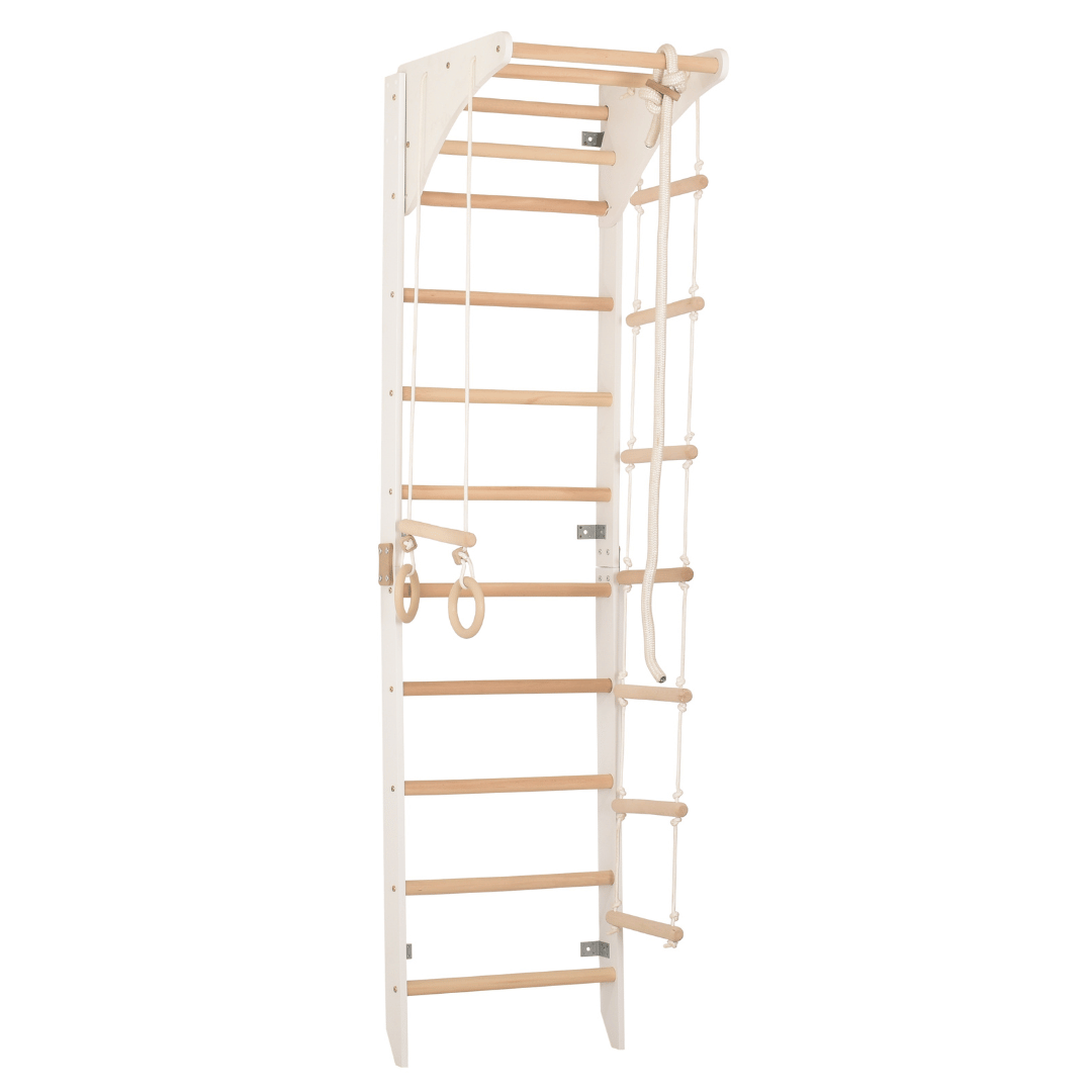 Sprossenwand mit höhenverstellbarem Reck, Kletterseil, Ringen & Seilleiter – Kompaktes Indoor-Fitnessgerät für die ganze Fam…