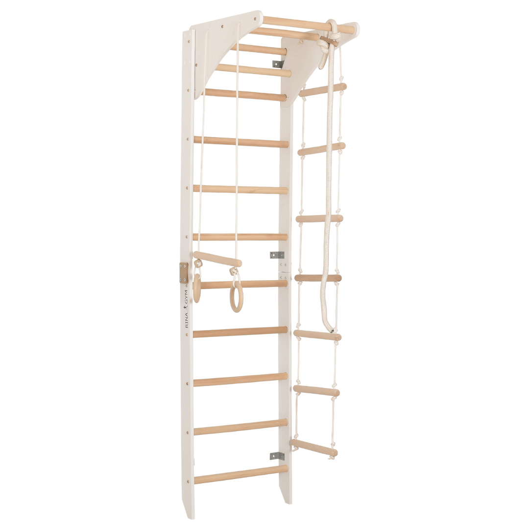 Sprossenwand mit höhenverstellbarem Reck, Kletterseil, Ringen & Seilleiter – Kompaktes Indoor-Fitnessgerät für die ganze Fam…