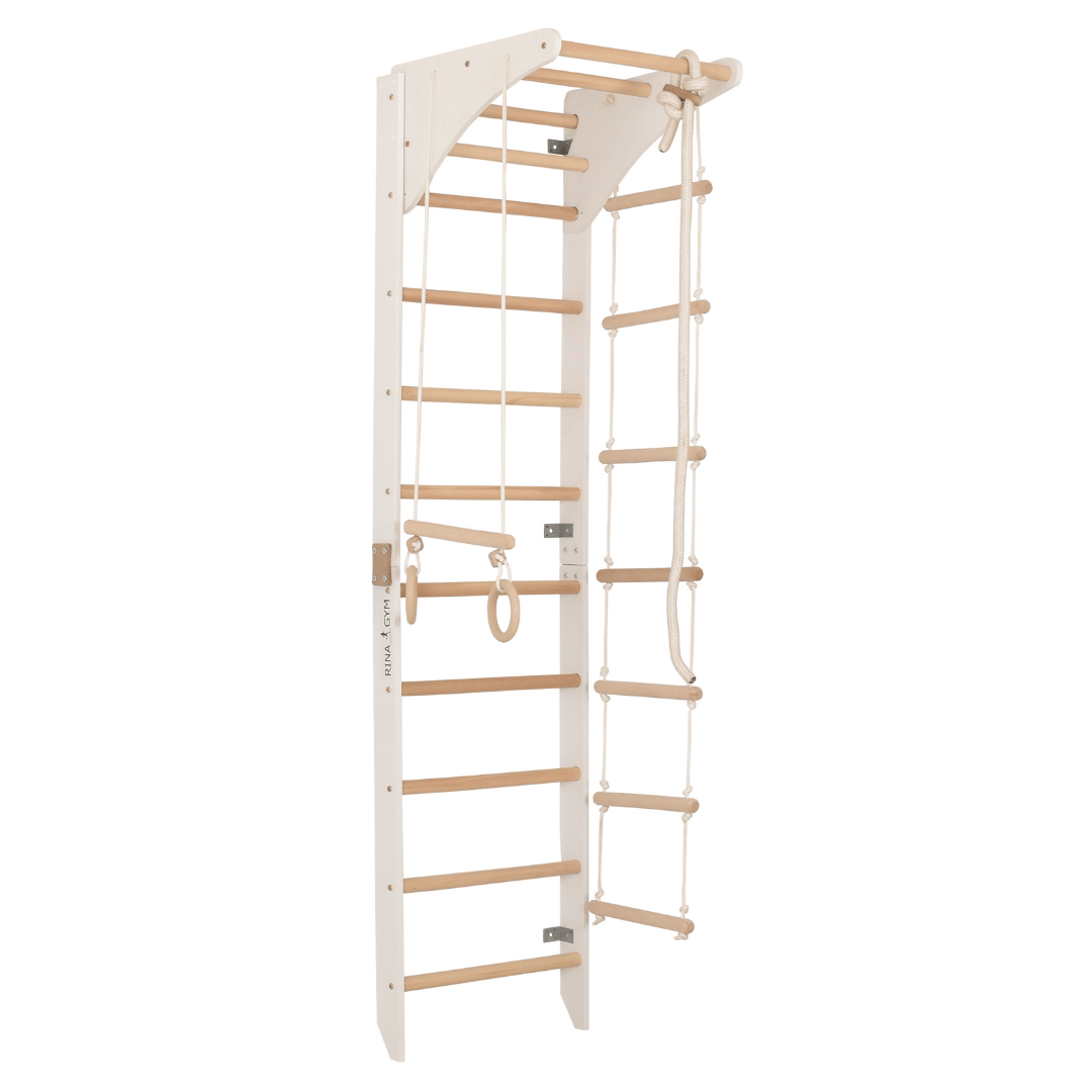 Sprossenwand mit höhenverstellbarem Reck, Kletterseil, Ringen & Seilleiter – Kompaktes Indoor-Fitnessgerät für die ganze Fam…
