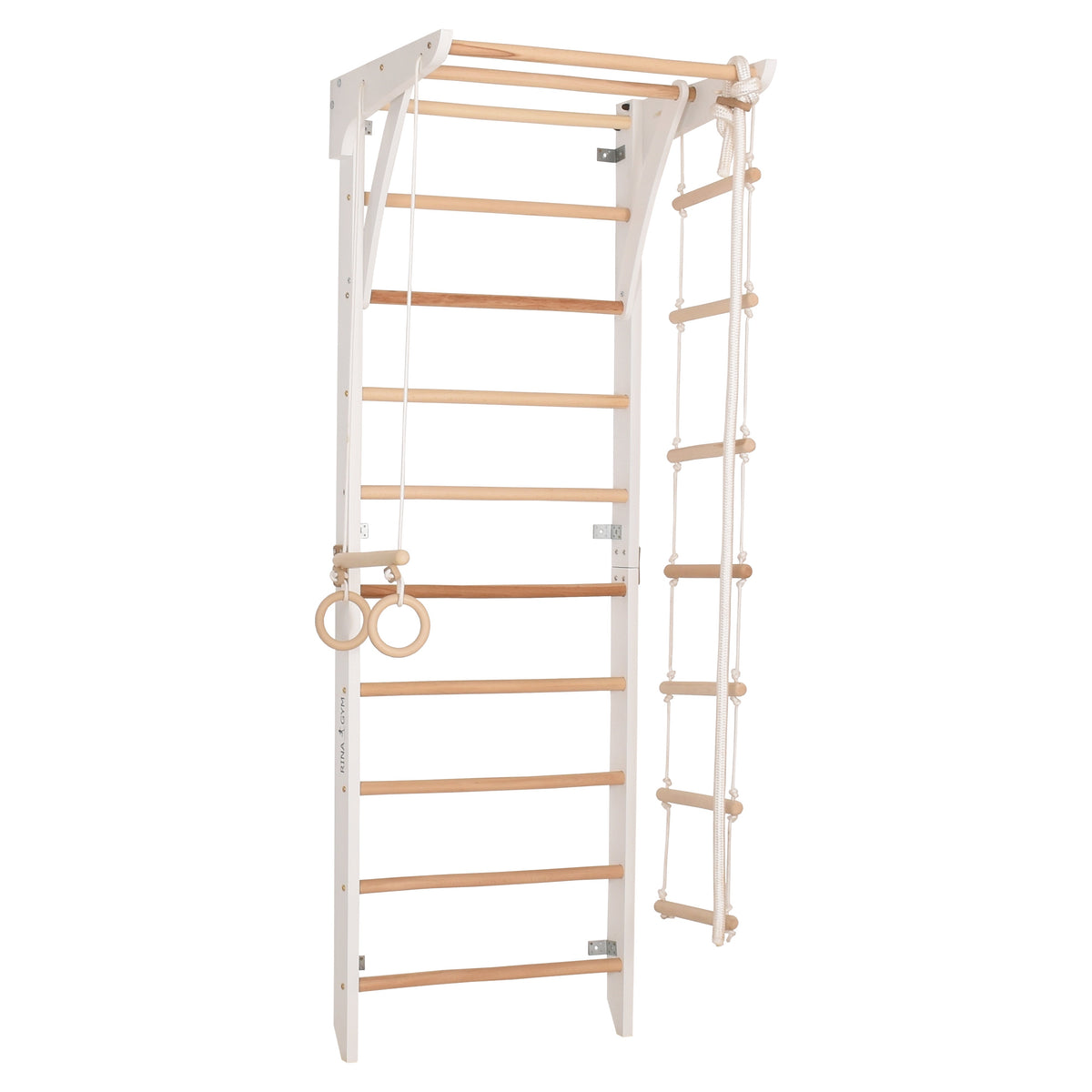 Kletterwand für die ganze Familie – Klettergerüst Indoor aus Holz mit Wand-Reck, Stange, Gymnastikringen, Kletterseil, schwe…