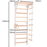 Kletterwand für die ganze Familie – Klettergerüst Indoor aus Holz mit Wand-Reck, Stange, Gymnastikringen, Kletterseil, schwe…