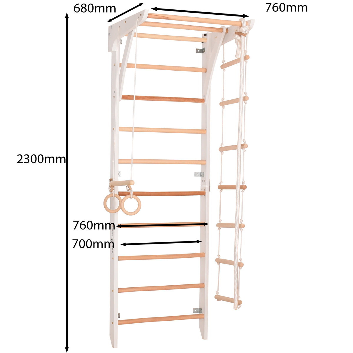 Kletterwand für die ganze Familie – Klettergerüst Indoor aus Holz mit Wand-Reck, Stange, Gymnastikringen, Kletterseil, schwe…