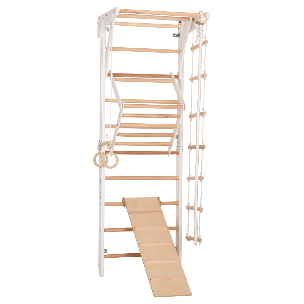 Kletterwand für die ganze Familie – Klettergerüst Indoor aus Holz mit Wand-Reck, Stange, Gymnastikringen, Kletterseil, schwe…