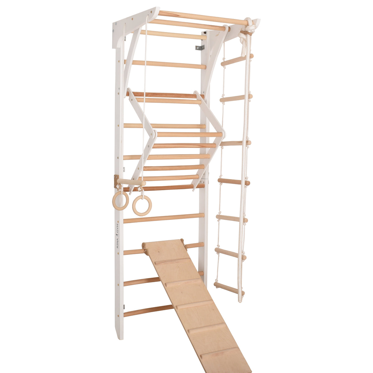 Kletterwand für die ganze Familie – Klettergerüst Indoor aus Holz mit Wand-Reck, Stange, Gymnastikringen, Kletterseil, schwe…