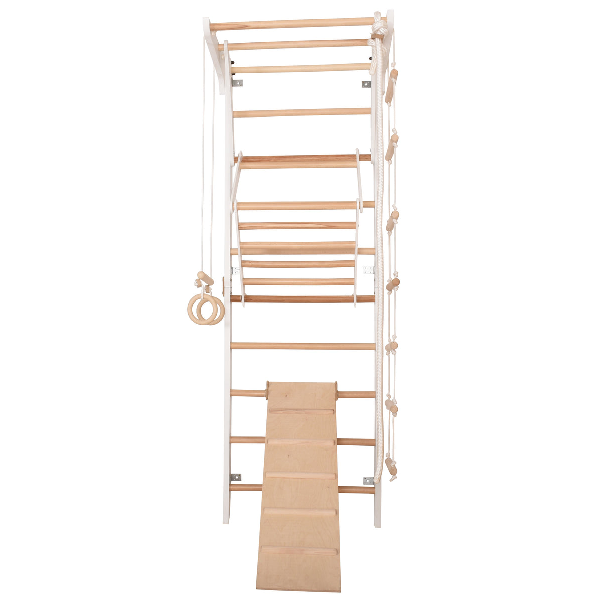 Kletterwand für die ganze Familie – Klettergerüst Indoor aus Holz mit Wand-Reck, Stange, Gymnastikringen, Kletterseil, schwe…