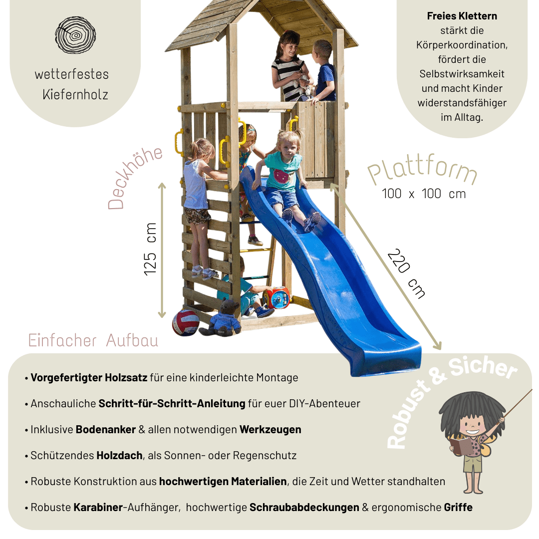Spielturm GOO CAROL 1 | Klettergerüst OUTDOOR | 1 Turm | bis zu 6 Kinder | Holzdach - Kletterling – einfach Kind sein