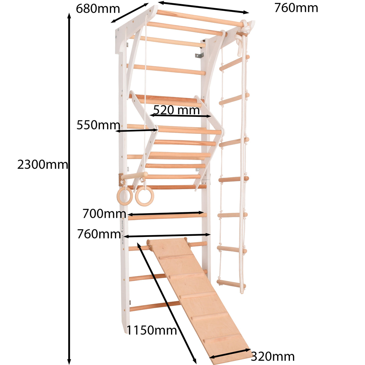 Kletterwand für die ganze Familie – Klettergerüst Indoor aus Holz mit Wand-Reck, Stange, Gymnastikringen, Kletterseil, schwe…