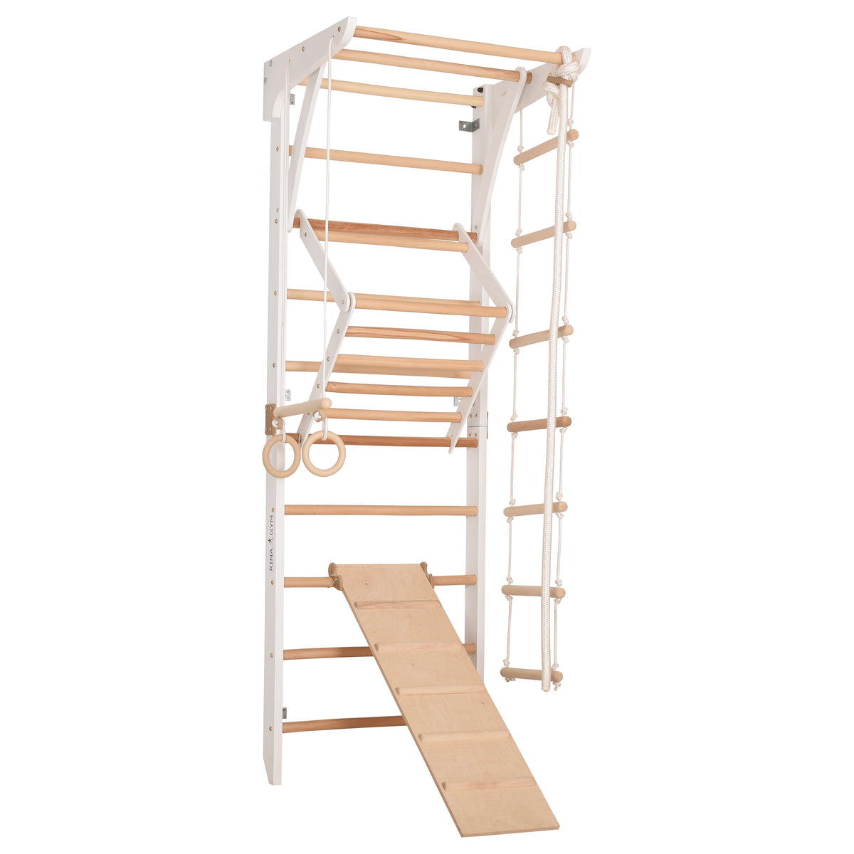 Kletterwand für die ganze Familie – Klettergerüst Indoor aus Holz mit Wand-Reck, Stange, Gymnastikringen, Kletterseil, schwe…