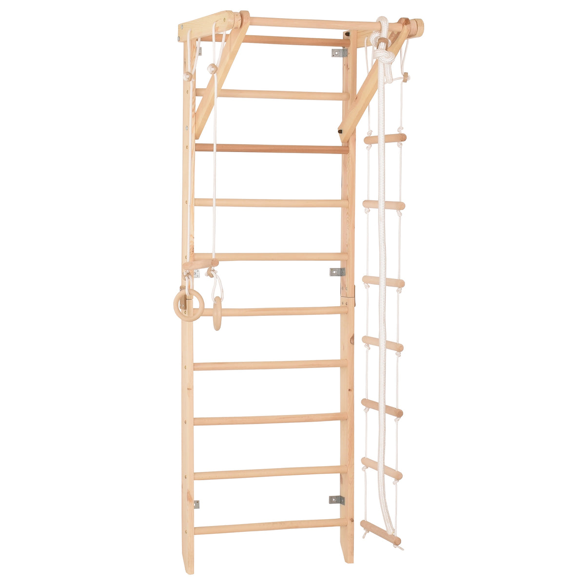 Kletterwand für die ganze Familie – Klettergerüst Indoor aus Holz mit Wand-Reck, Stange, Gymnastikringen, Kletterseil, schwe…