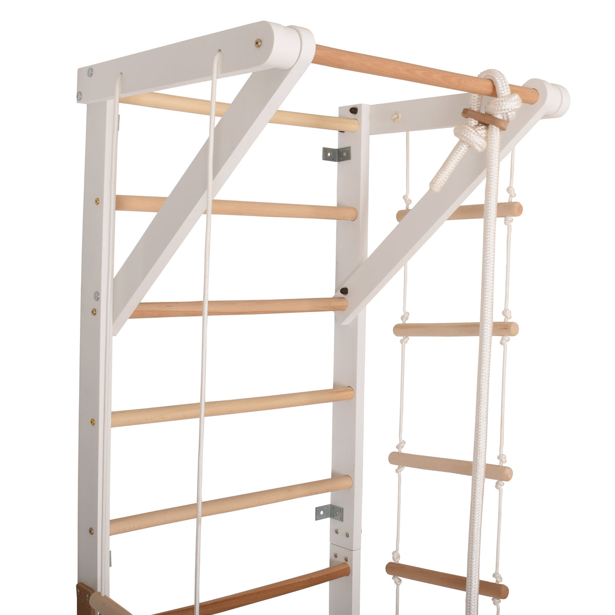 Kletterwand für die ganze Familie – Klettergerüst Indoor aus Holz mit Wand-Reck, Stange, Gymnastikringen, Kletterseil, schwe…