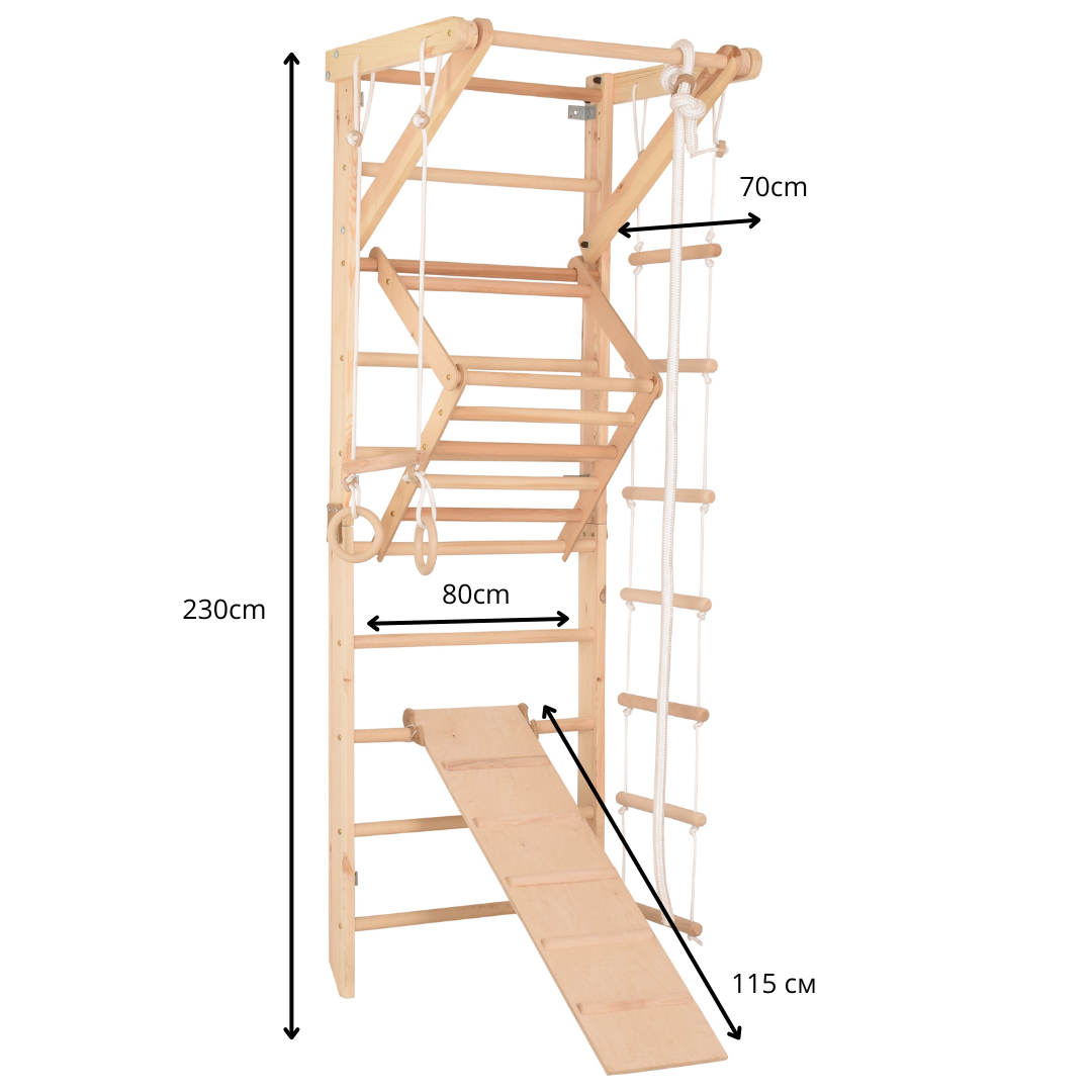 Kletterwand für die ganze Familie – Klettergerüst Indoor aus Holz mit Wand-Reck, Stange, Gymnastikringen, Kletterseil, schwe…
