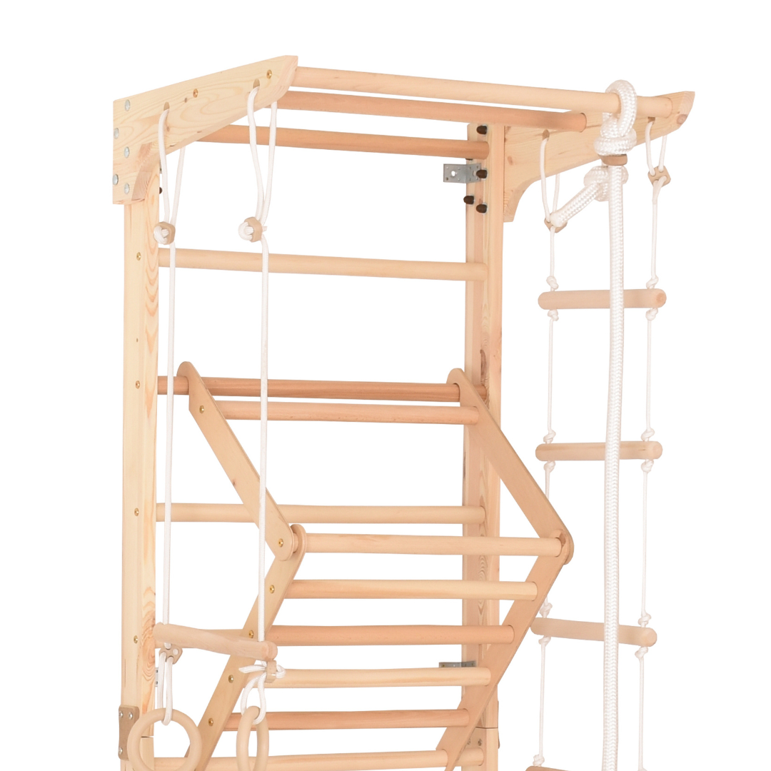 Kletterwand für die ganze Familie – Klettergerüst Indoor aus Holz mit Wand-Reck, Stange, Gymnastikringen, Kletterseil, schwe…