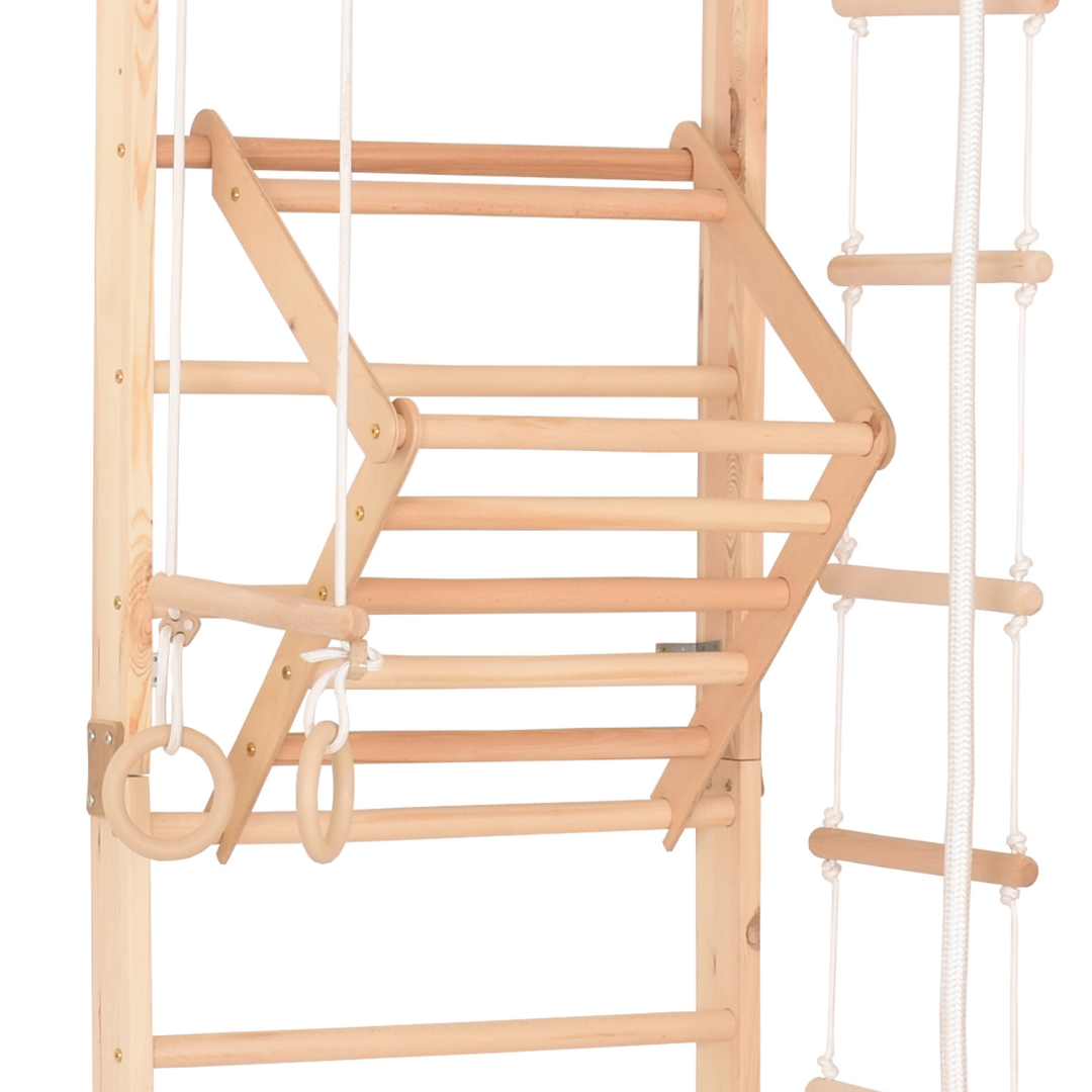 Kletterwand für die ganze Familie – Klettergerüst Indoor aus Holz mit Wand-Reck, Stange, Gymnastikringen, Kletterseil, schwe…