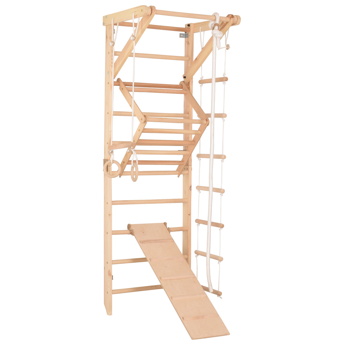 Kletterwand für die ganze Familie – Klettergerüst Indoor aus Holz mit Wand-Reck, Stange, Gymnastikringen, Kletterseil, schwe…