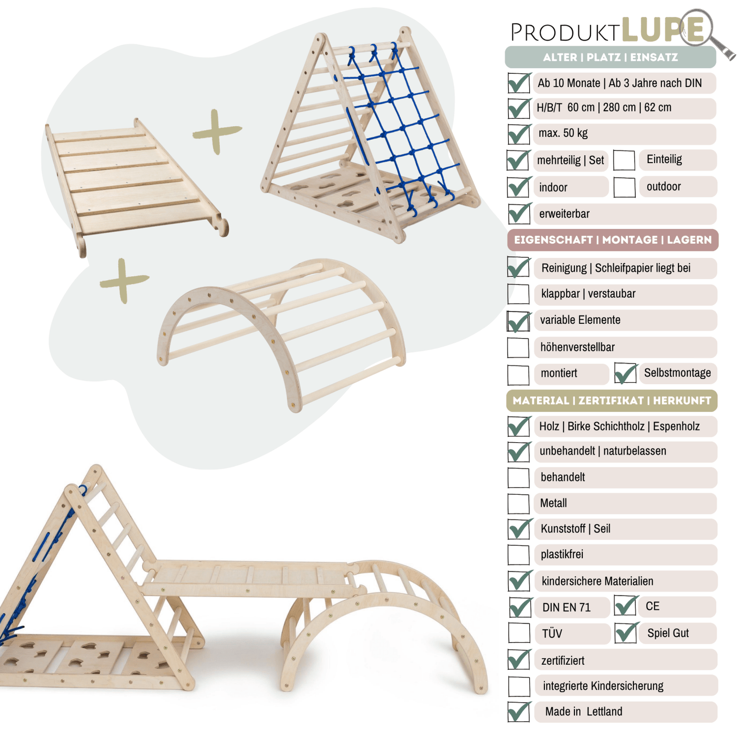 3er Set LEMURENLING UP | dreiseitiges Kletterdreieck (Orang - Utan 87cm) mit Rutsche & Hörnchen Wippe - Kletterling – einfach Kind sein