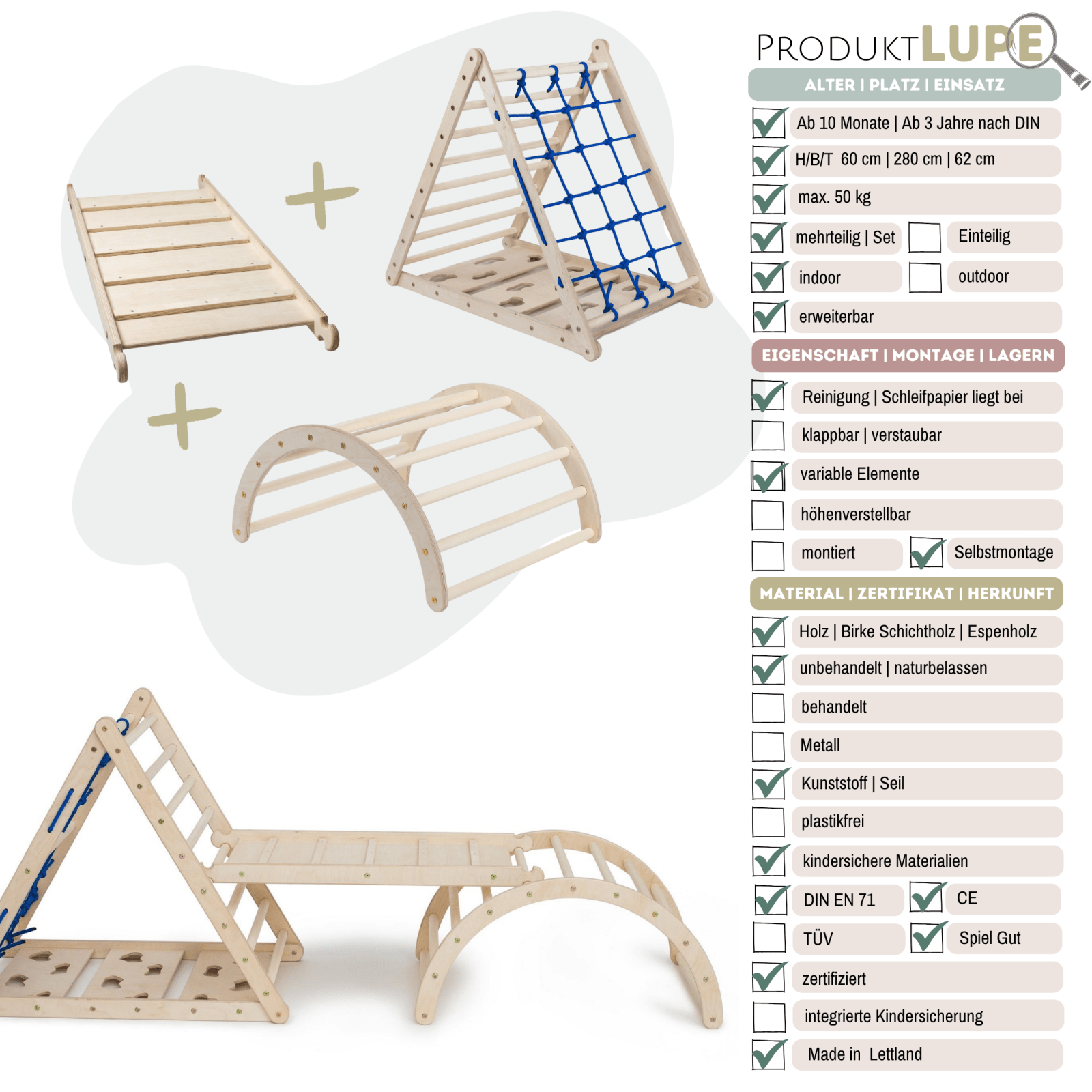 3er Set LEMURENLING UP | dreiseitiges Kletterdreieck (Orang - Utan 87cm) mit Rutsche & Hörnchen Wippe - Kletterling – einfach Kind sein