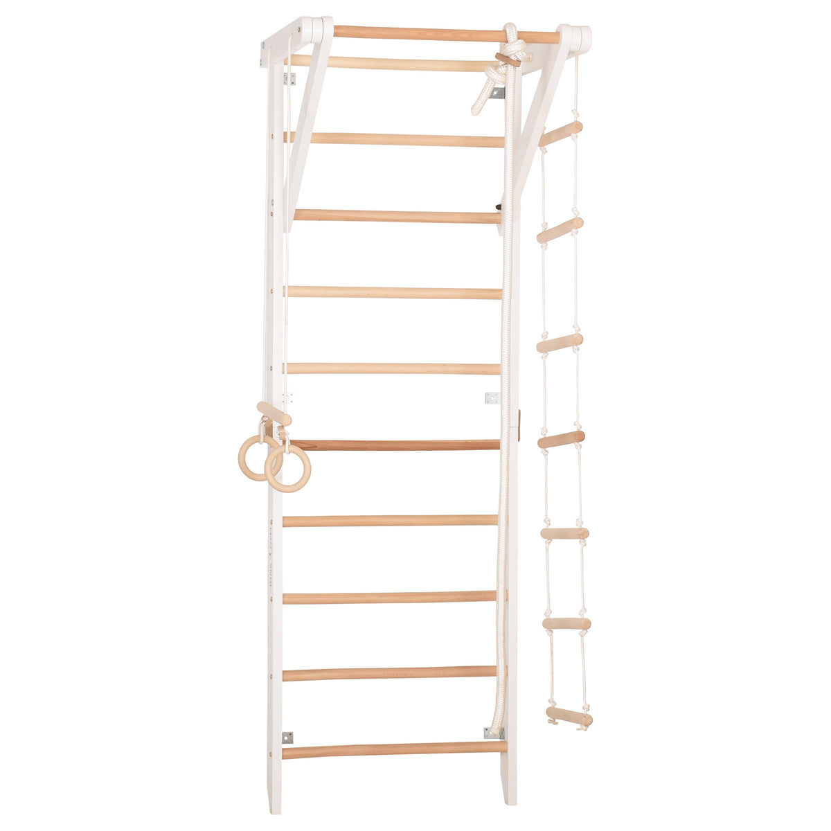 Kletterwand für die ganze Familie – Klettergerüst Indoor aus Holz mit Wand-Reck, Stange, Gymnastikringen, Kletterseil, schwe…