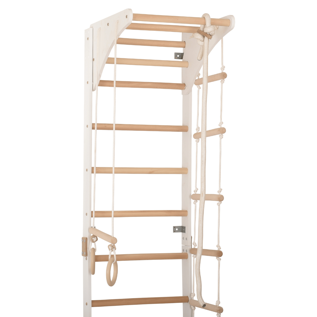 Sprossenwand mit höhenverstellbarem Reck, Kletterseil, Ringen und beidseitigem Kletterbrett – Kompakter Indoor-Fitnesspark f…