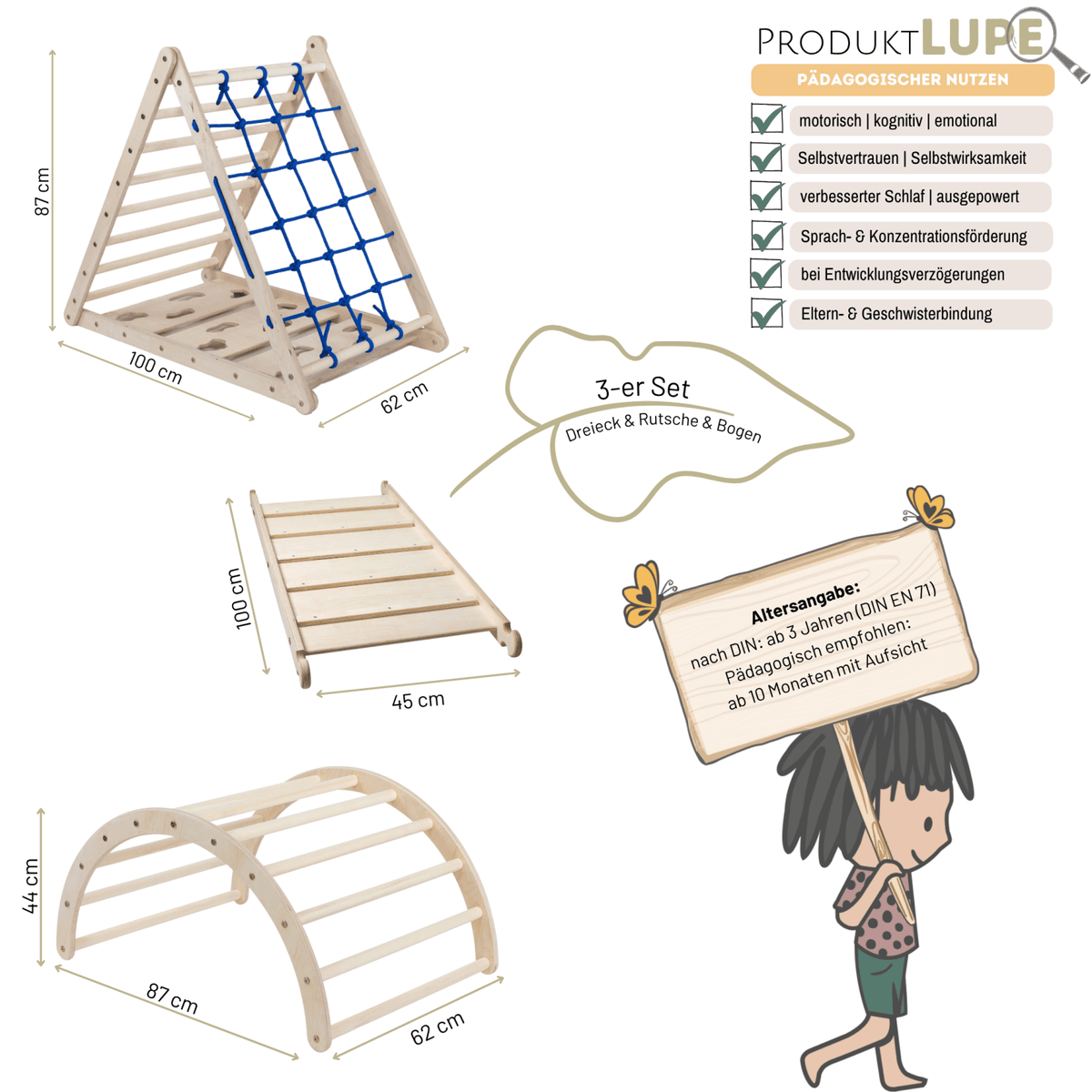 3er Set LEMURENLING UP | dreiseitiges Kletterdreieck (Orang - Utan 87cm) mit Rutsche & Hörnchen Wippe - Kletterling – einfach Kind sein