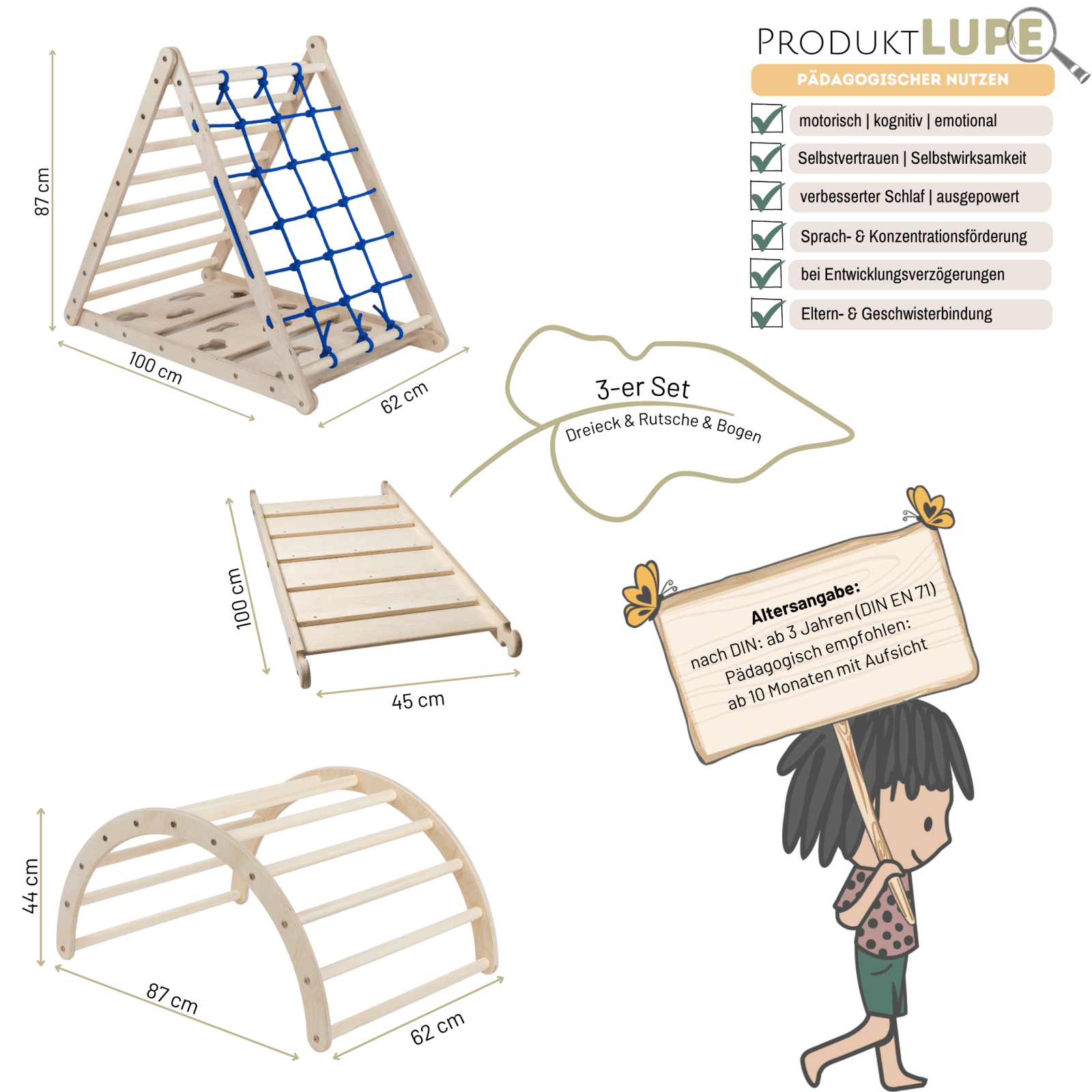 3er Set LEMURENLING UP | dreiseitiges Kletterdreieck (Orang - Utan 87cm) mit Rutsche & Hörnchen Wippe - Kletterling – einfach Kind sein