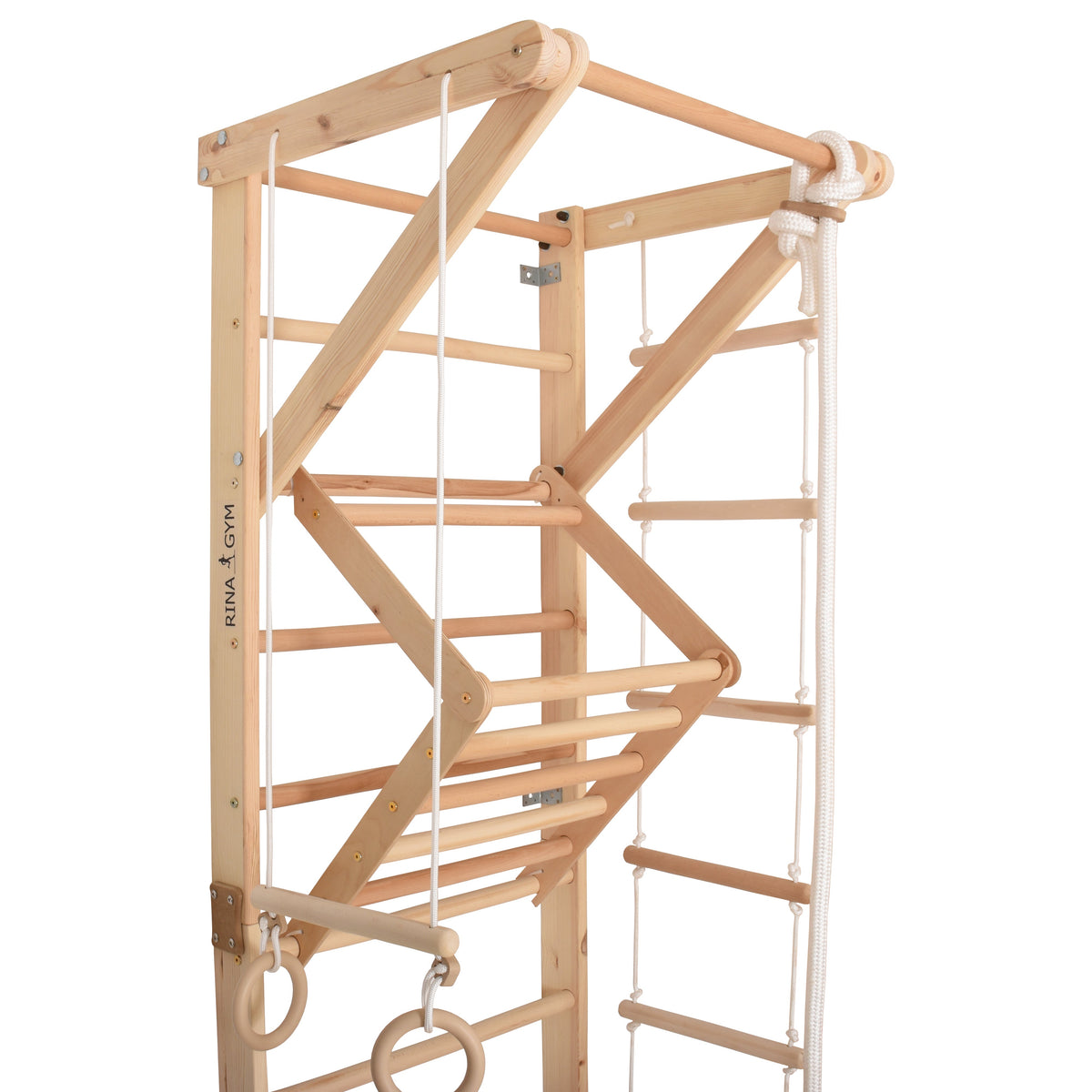 Kletterwand für die ganze Familie – Klettergerüst Indoor aus Holz mit Wand-Reck, Stange, Gymnastikringen, Kletterseil, schwe…