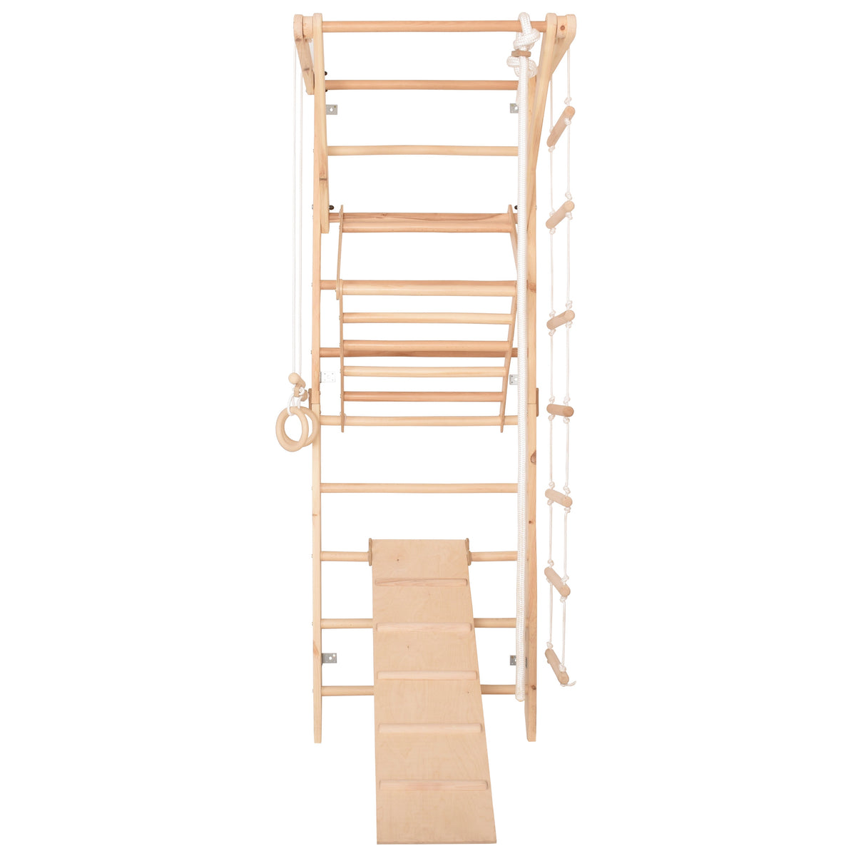 Kletterwand für die ganze Familie – Klettergerüst Indoor aus Holz mit Wand-Reck, Stange, Gymnastikringen, Kletterseil, schwe…