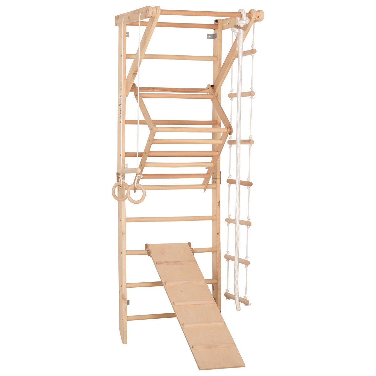 Kletterwand für die ganze Familie – Klettergerüst Indoor aus Holz mit Wand-Reck, Stange, Gymnastikringen, Kletterseil, schwe…