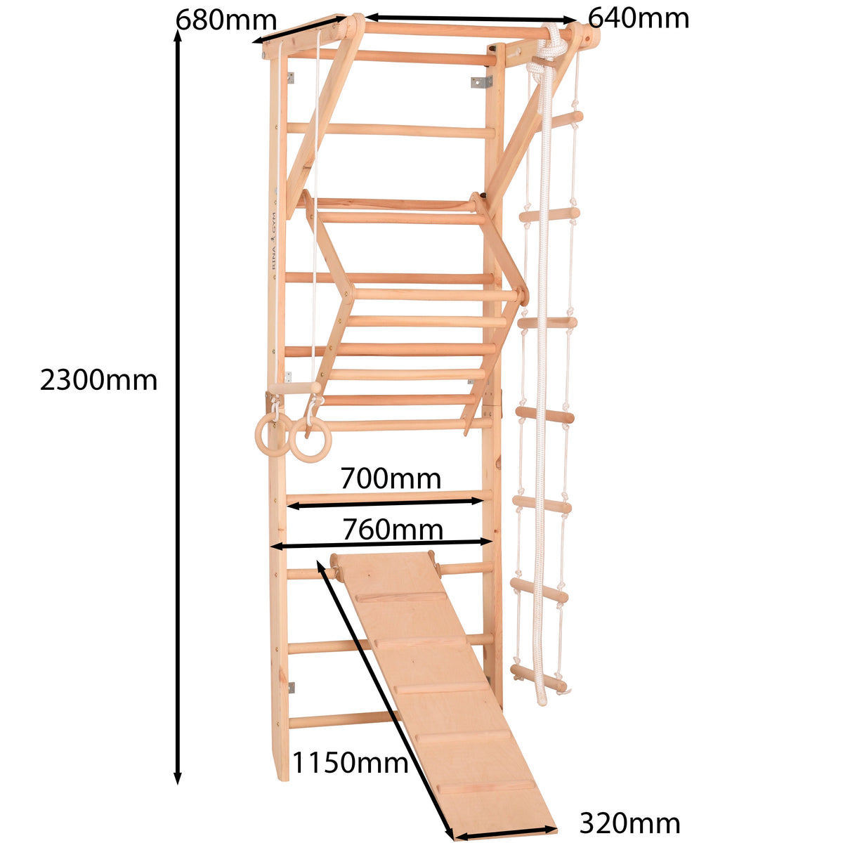 Kletterwand für die ganze Familie – Klettergerüst Indoor aus Holz mit Wand-Reck, Stange, Gymnastikringen, Kletterseil, schwe…