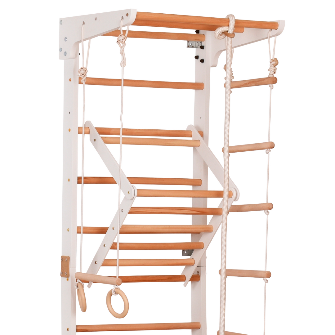 Kletterwand für die ganze Familie – Klettergerüst Indoor aus Holz mit Wand-Reck, Stange, Gymnastikringen, Kletterseil, schwe…
