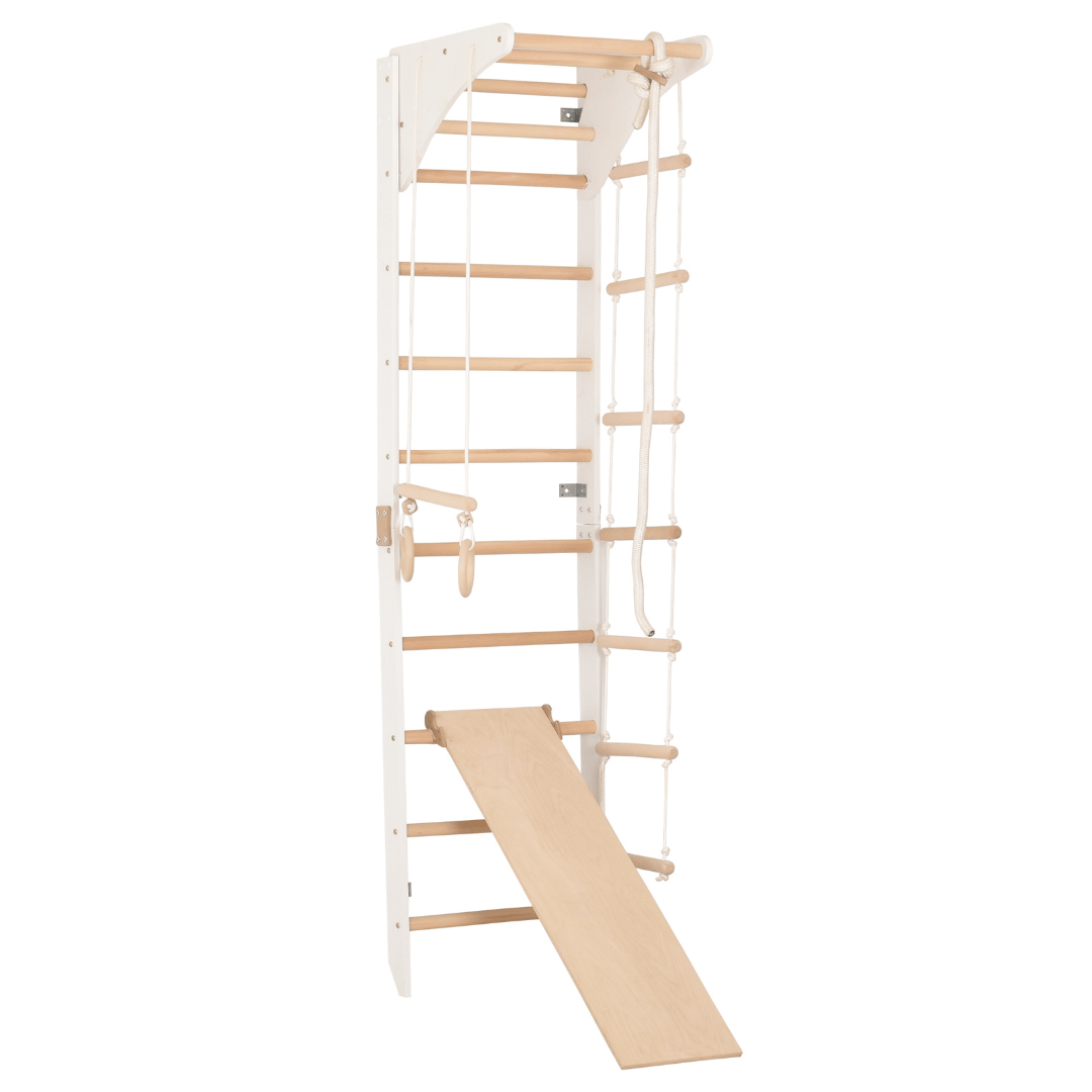 Sprossenwand mit höhenverstellbarem Reck, Kletterseil, Ringen und beidseitigem Kletterbrett – Kompakter Indoor-Fitnesspark f…