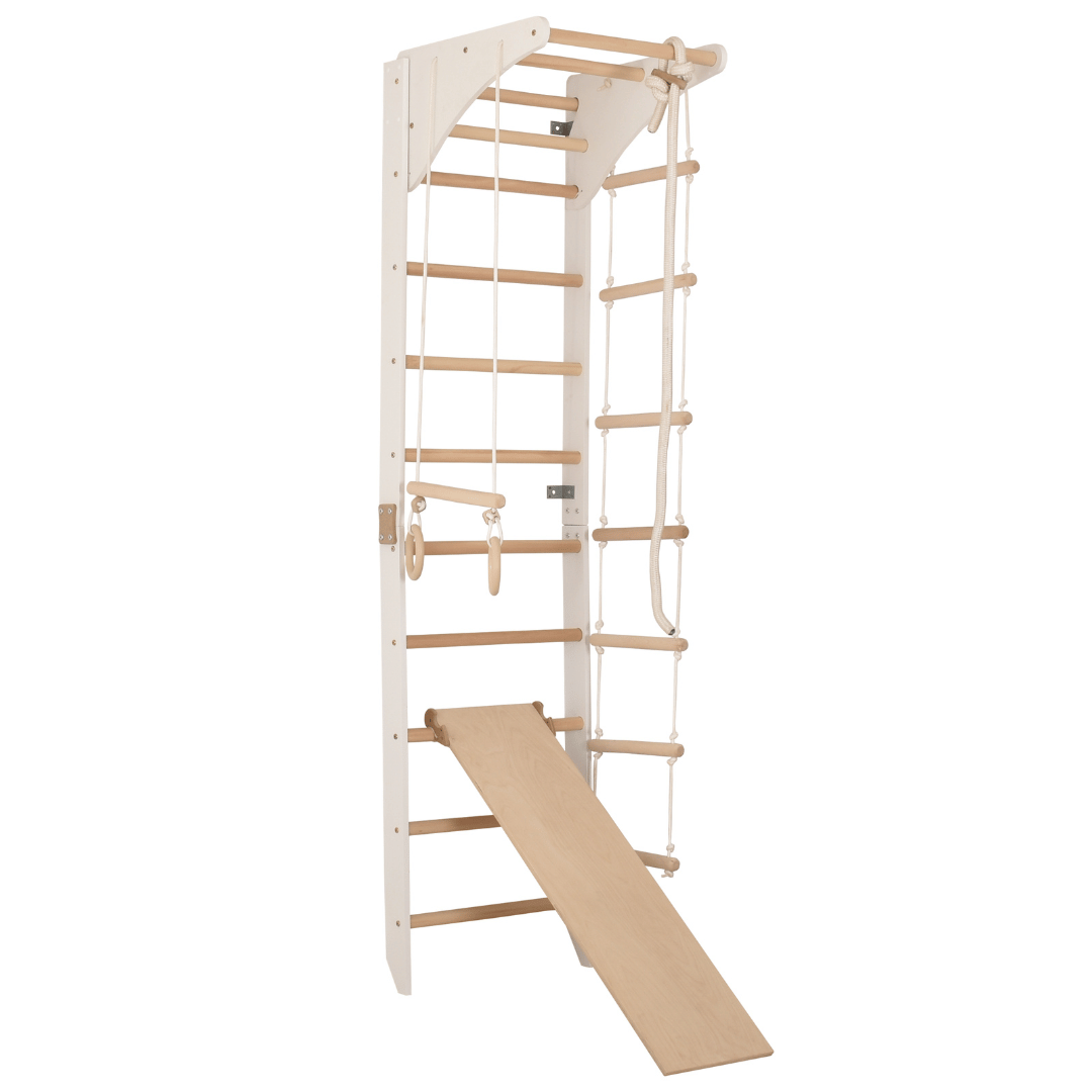 Sprossenwand mit höhenverstellbarem Reck, Kletterseil, Ringen und beidseitigem Kletterbrett – Kompakter Indoor-Fitnesspark f…