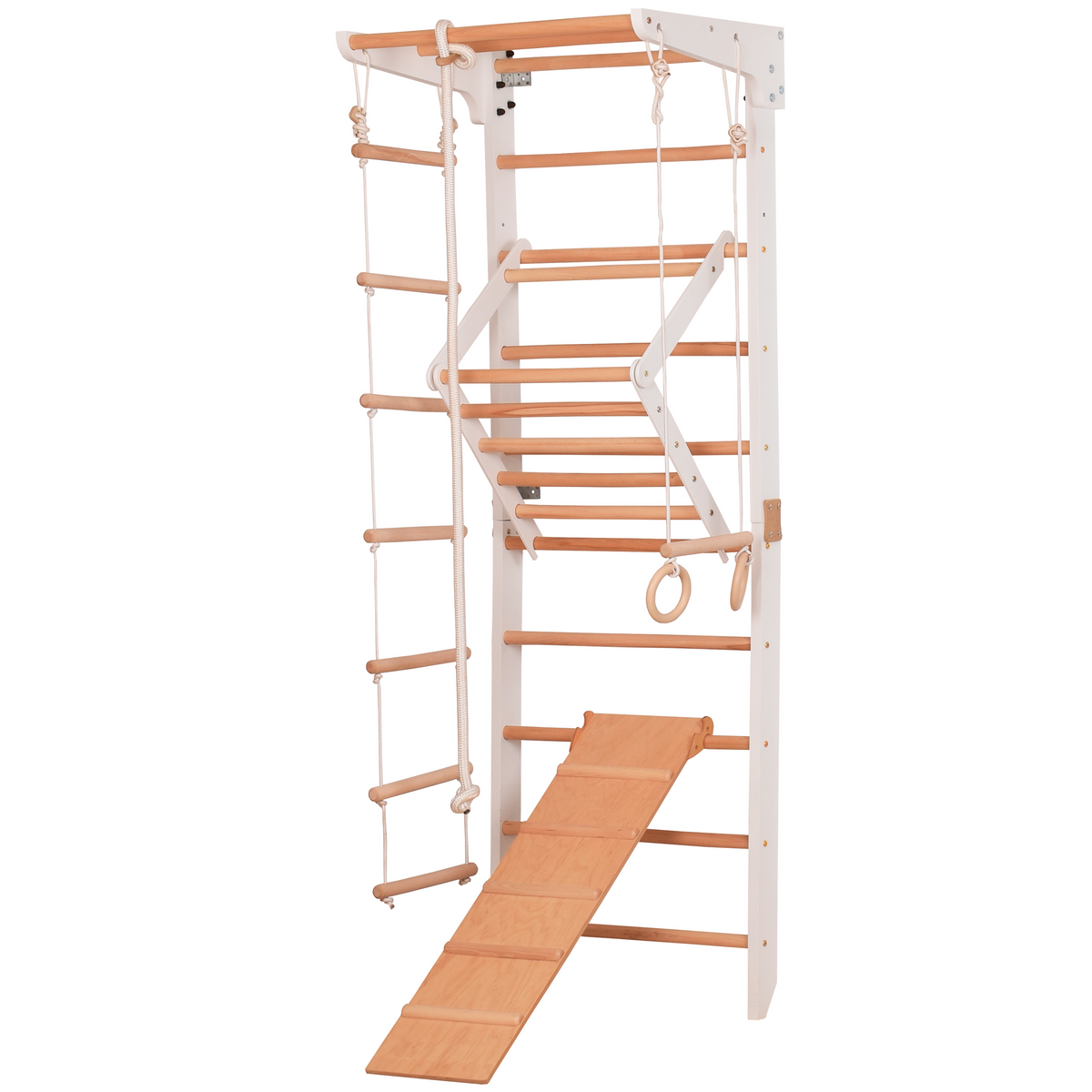 Kletterwand für die ganze Familie – Klettergerüst Indoor aus Holz mit Wand-Reck, Stange, Gymnastikringen, Kletterseil, schwe…