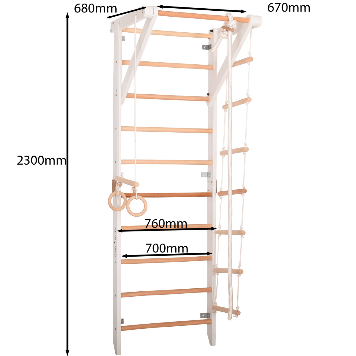Kletterwand für die ganze Familie – Klettergerüst Indoor aus Holz mit Wand-Reck, Stange, Gymnastikringen, Kletterseil, schwe…