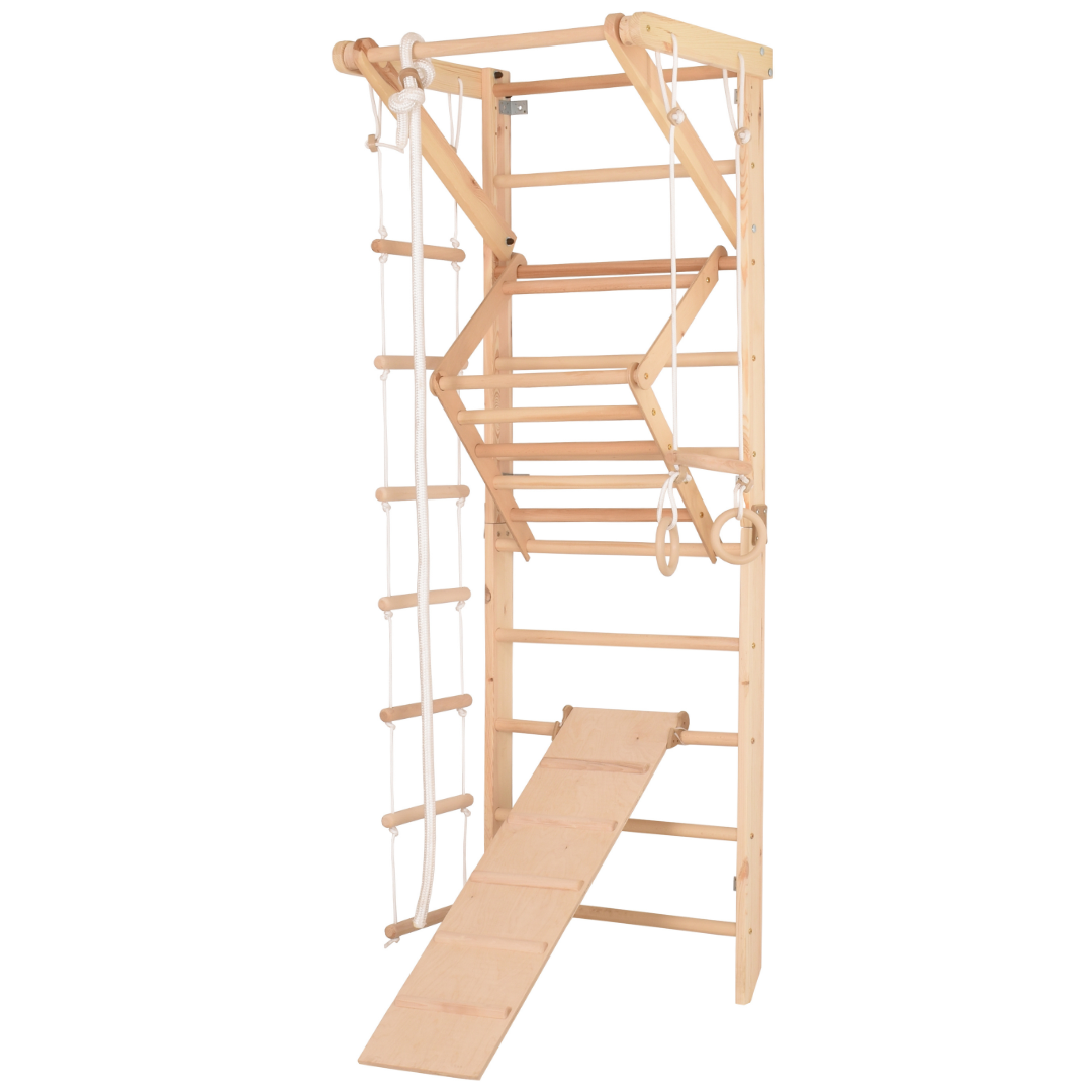 Kletterwand für die ganze Familie – Klettergerüst Indoor aus Holz mit Wand-Reck, Stange, Gymnastikringen, Kletterseil, schwe…