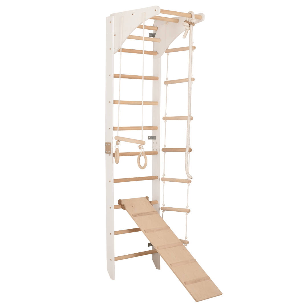 Sprossenwand mit höhenverstellbarem Reck, Kletterseil, Ringen und beidseitigem Kletterbrett – Kompakter Indoor-Fitnesspark f…