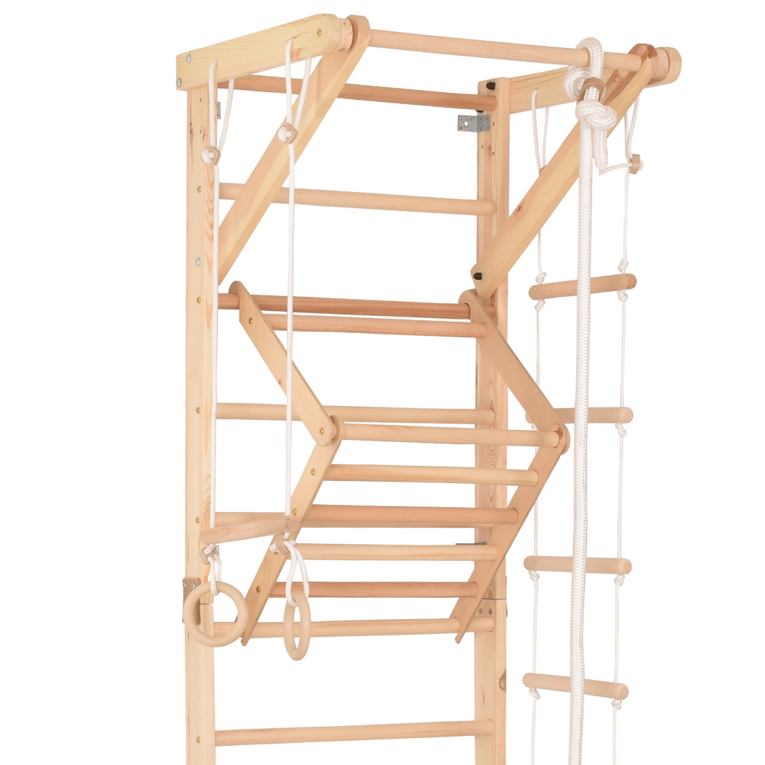 Kletterwand für die ganze Familie – Klettergerüst Indoor aus Holz mit Wand-Reck, Stange, Gymnastikringen, Kletterseil, schwe…