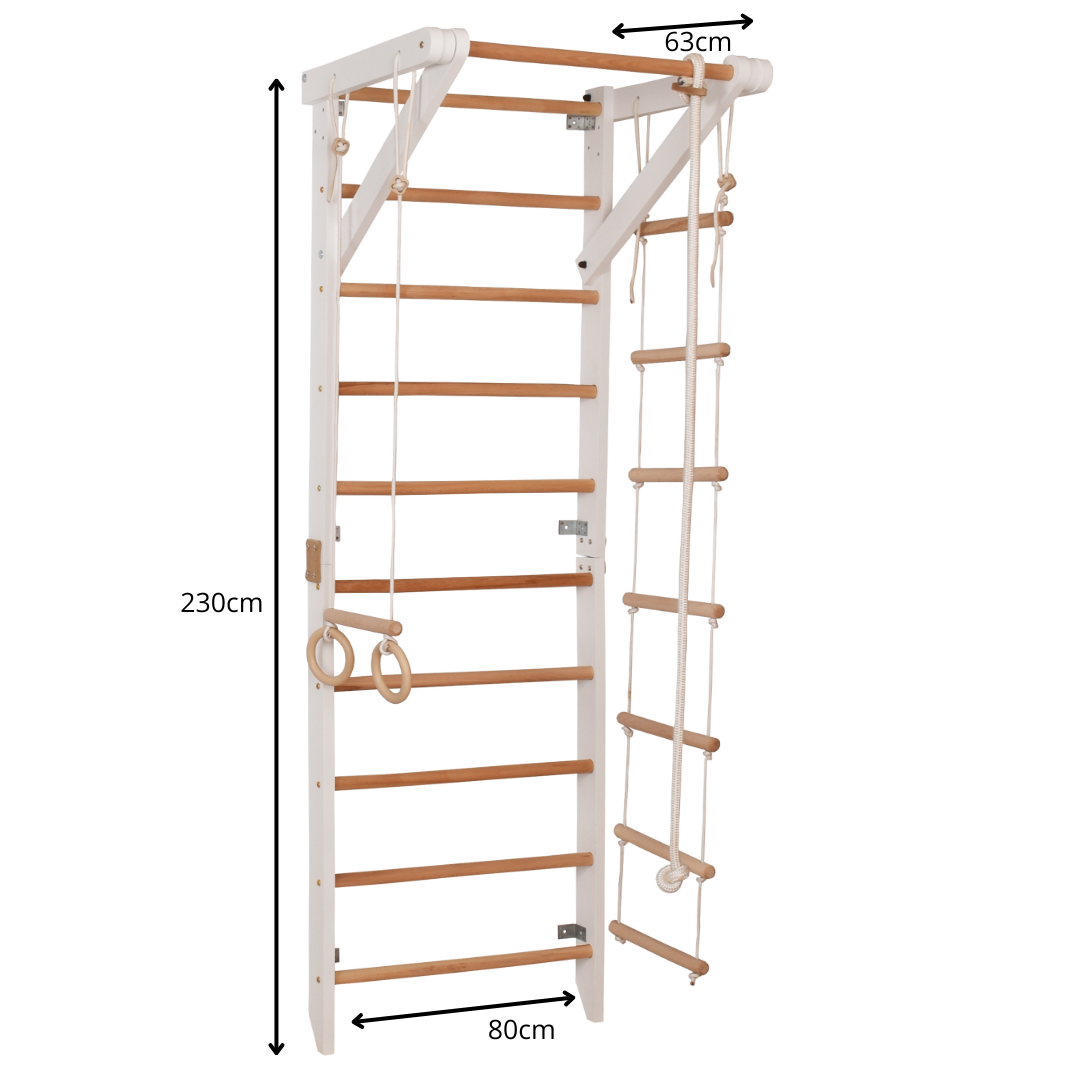 Kletterwand für die ganze Familie – Klettergerüst Indoor aus Holz mit Wand-Reck, Stange, Gymnastikringen, Kletterseil, schwe…