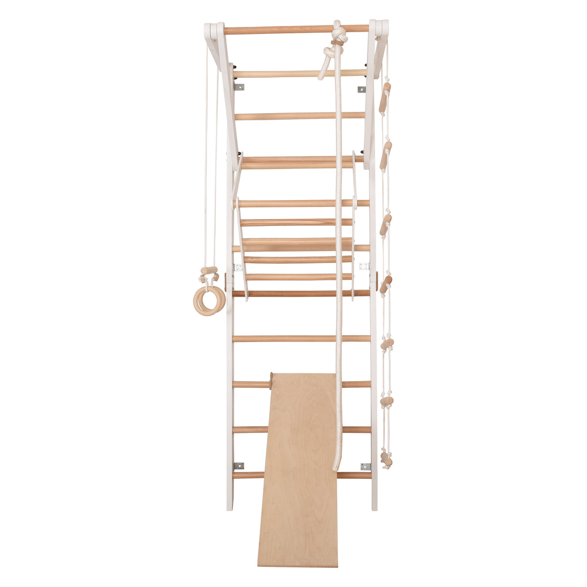 Kletterwand für die ganze Familie – Klettergerüst Indoor aus Holz mit Wand-Reck, Stange, Gymnastikringen, Kletterseil, schwe…