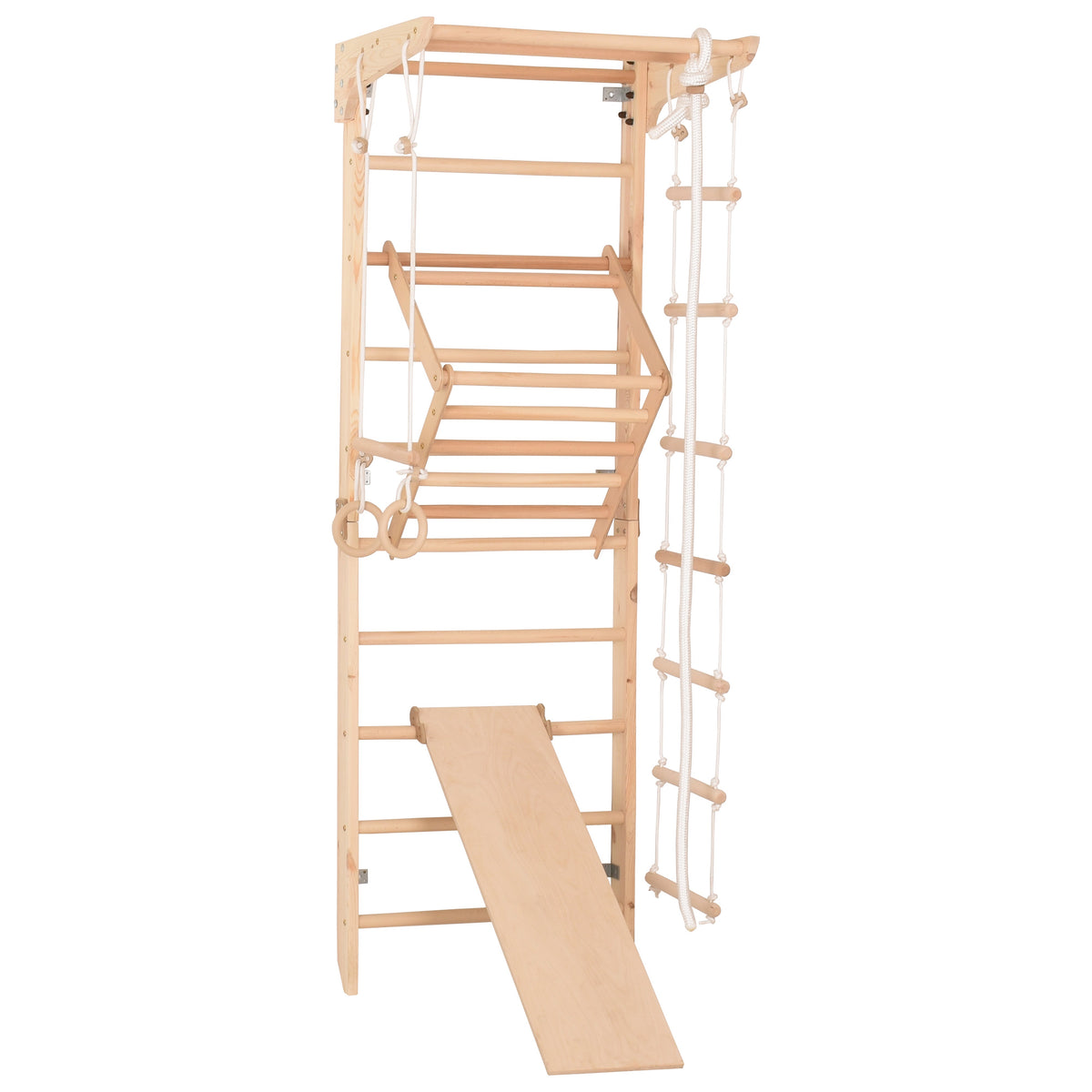 Kletterwand für die ganze Familie – Klettergerüst Indoor aus Holz mit Wand-Reck, Stange, Gymnastikringen, Kletterseil, schwe…