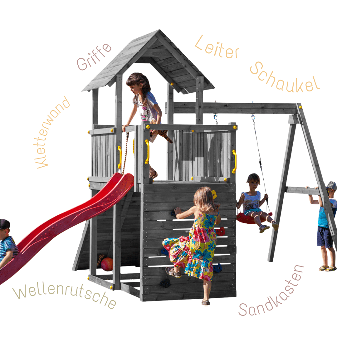 Spielturm GOO CAROL 3 | Klettergerüst OUTDOOR | in 3 Farben | bis zu 10 Kinder | Holzdach - Kletterling – einfach Kind sein